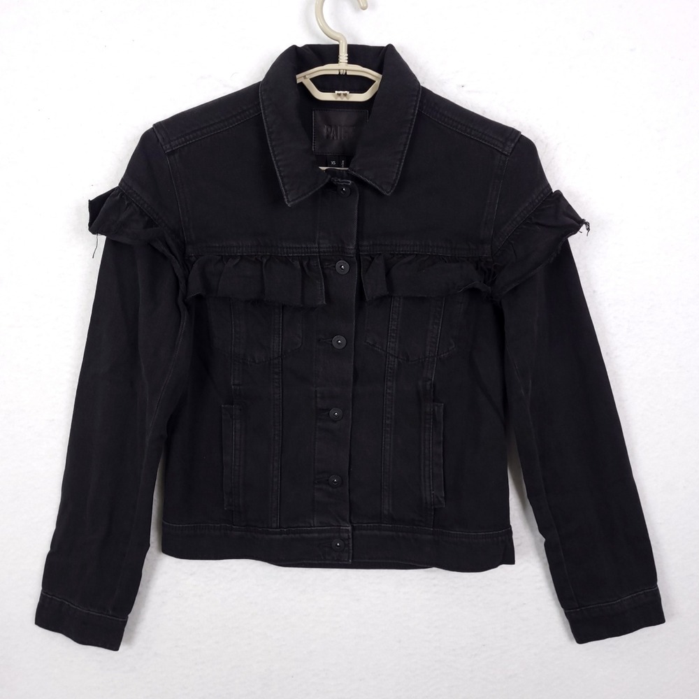 Paige Ruffle Denim Jacket Size XS Black Button Up Long Sleeve Gothic Casual